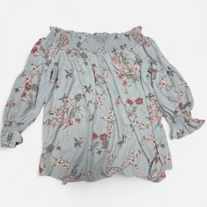 Suzy Shier Light Blue Floral Off-Shoulder Blouse